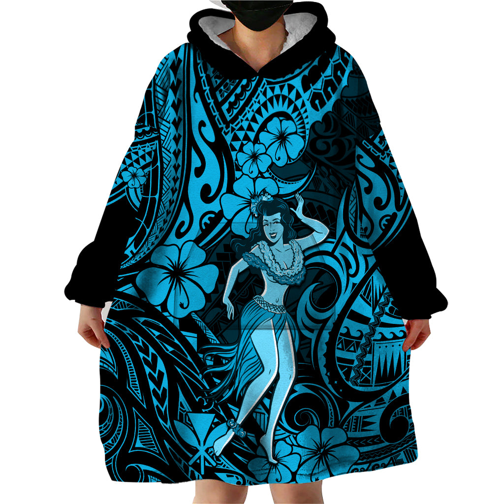 Hawaii Hula Girl Wearable Blanket Hoodie Hibiscus Hawaii Tribal Tattoo Sky Blue Version - Wonder Print Shop