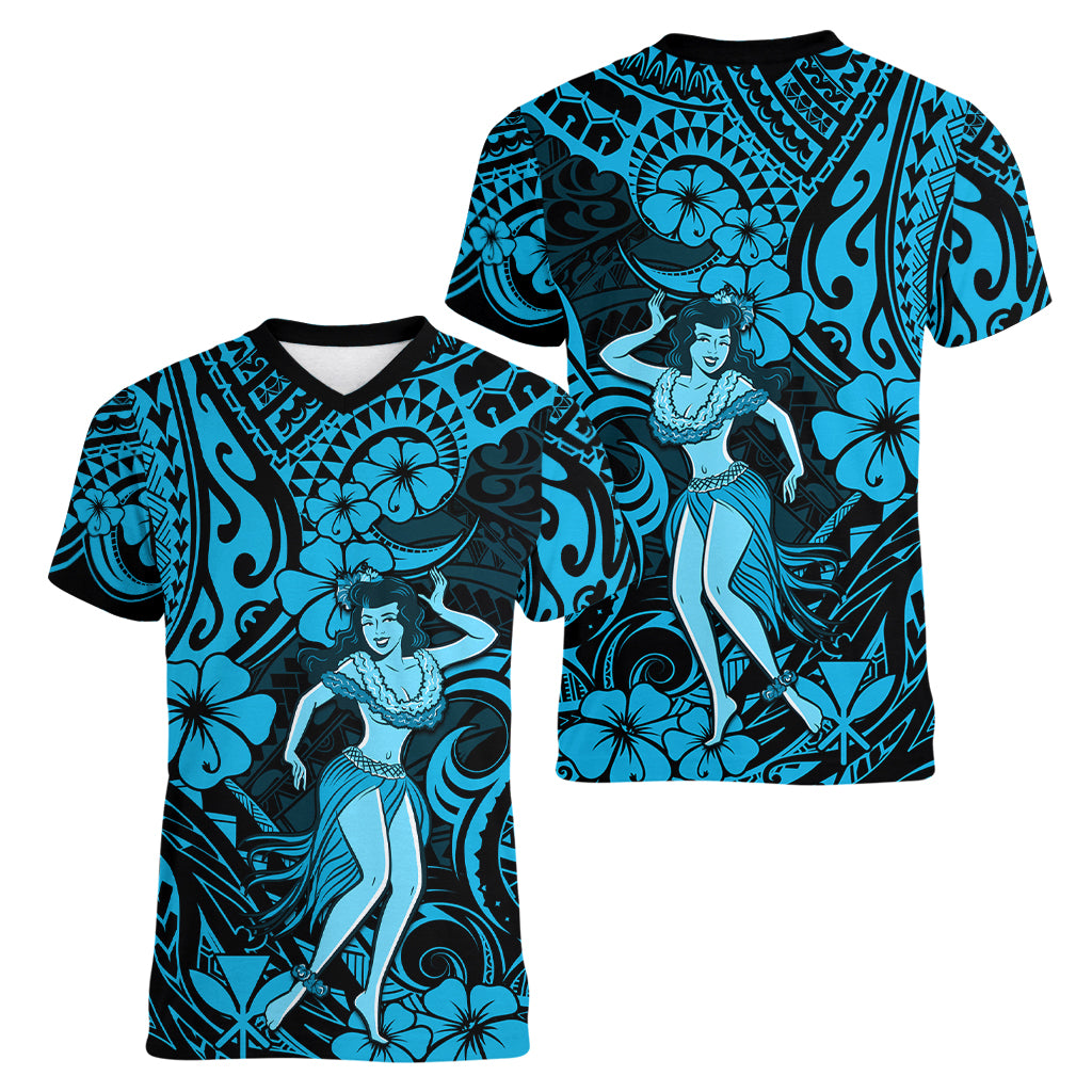 Hawaii Hula Girl Women V Neck T Shirt Hibiscus Hawaii Tribal Tattoo Sky Blue Version - Wonder Print Shop