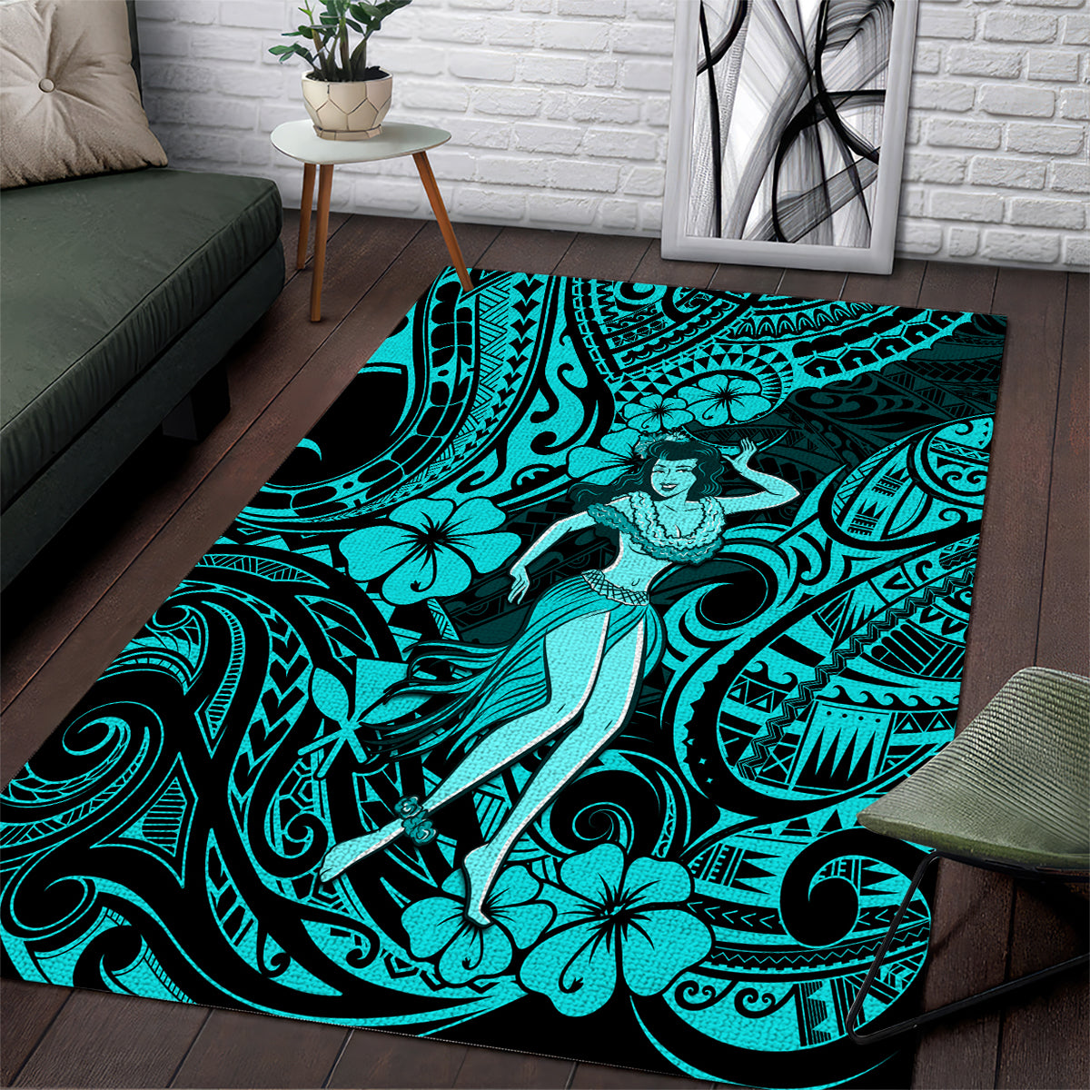 Hawaii Hula Girl Area Rug Hibiscus Hawaii Tribal Tattoo Turquoise Version - Wonder Print Shop