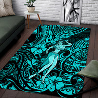 Hawaii Hula Girl Area Rug Hibiscus Hawaii Tribal Tattoo Turquoise Version - Wonder Print Shop