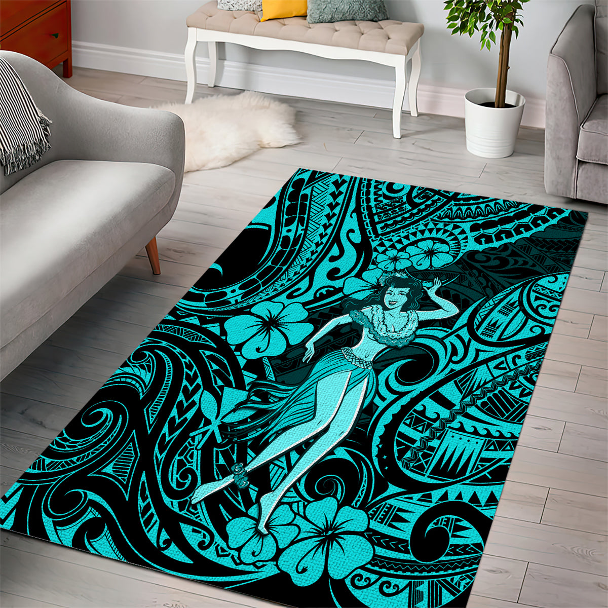 Hawaii Hula Girl Area Rug Hibiscus Hawaii Tribal Tattoo Turquoise Version - Wonder Print Shop