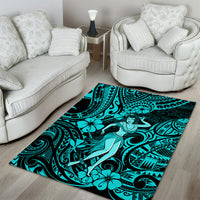 Hawaii Hula Girl Area Rug Hibiscus Hawaii Tribal Tattoo Turquoise Version - Wonder Print Shop