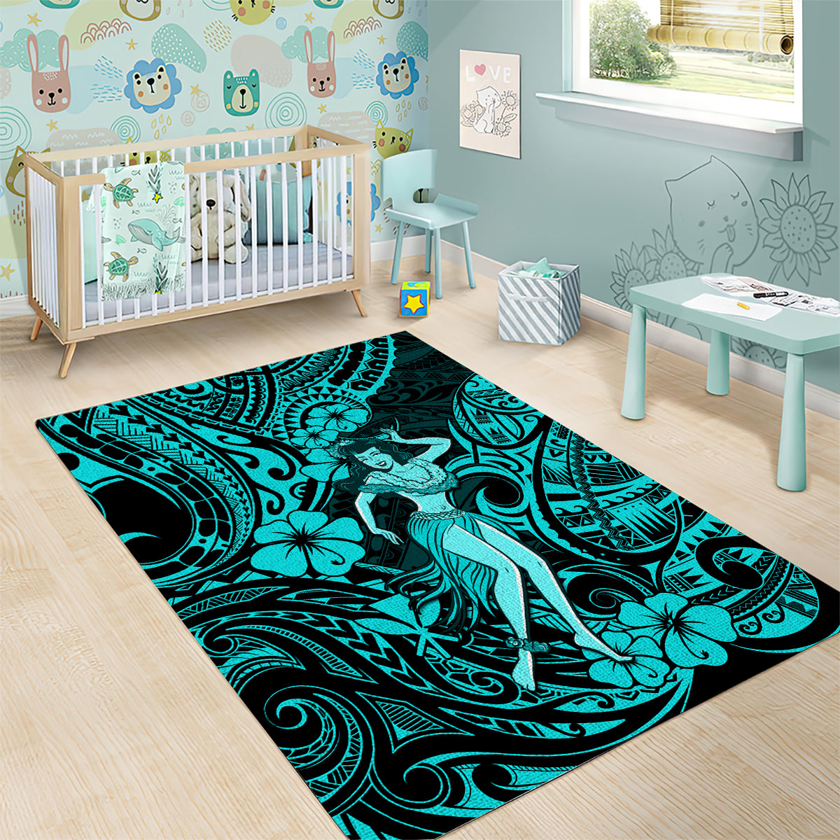 Hawaii Hula Girl Area Rug Hibiscus Hawaii Tribal Tattoo Turquoise Version - Wonder Print Shop