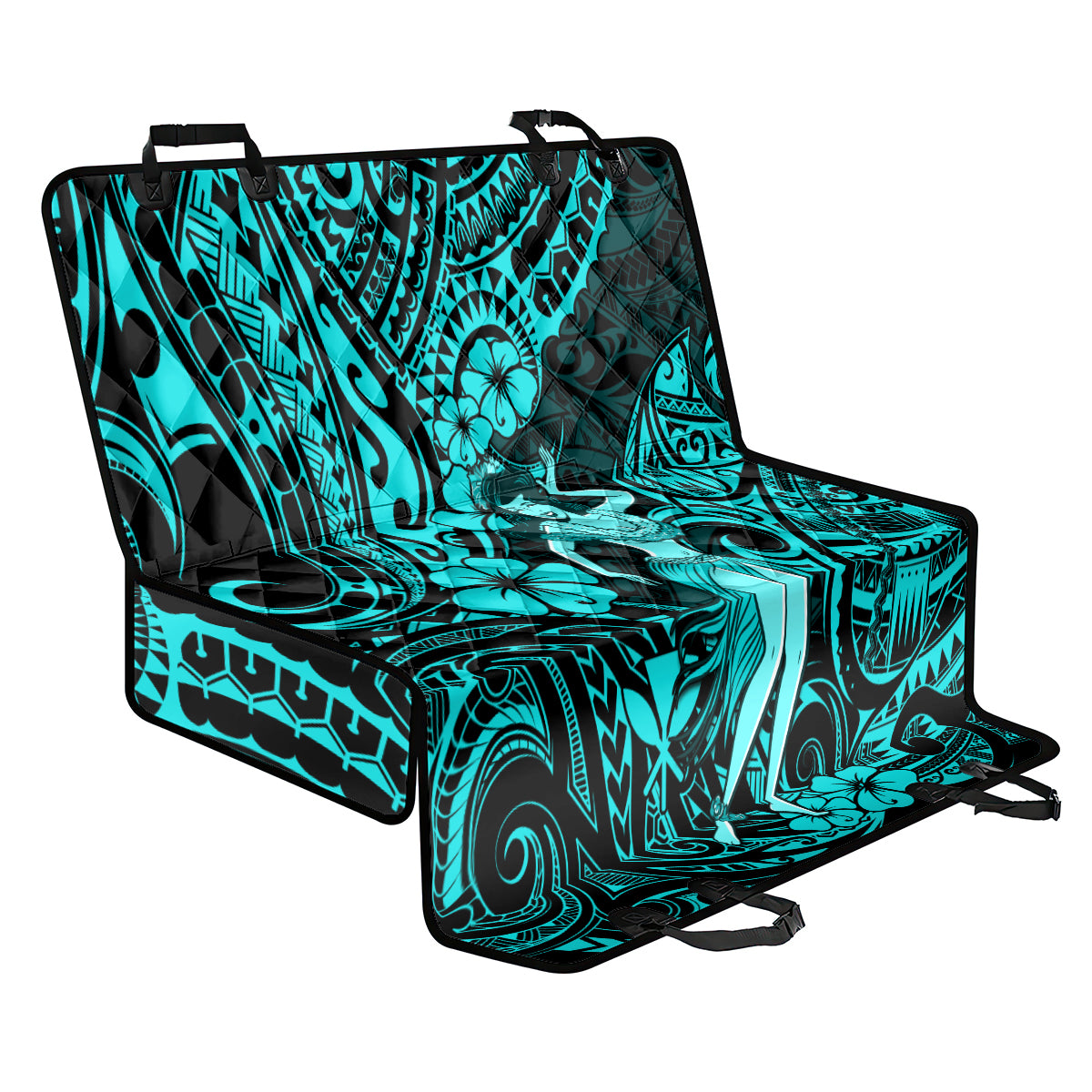 Hawaii Hula Girl Back Car Seat Cover Hibiscus Hawaii Tribal Tattoo Turquoise Version - Wonder Print Shop