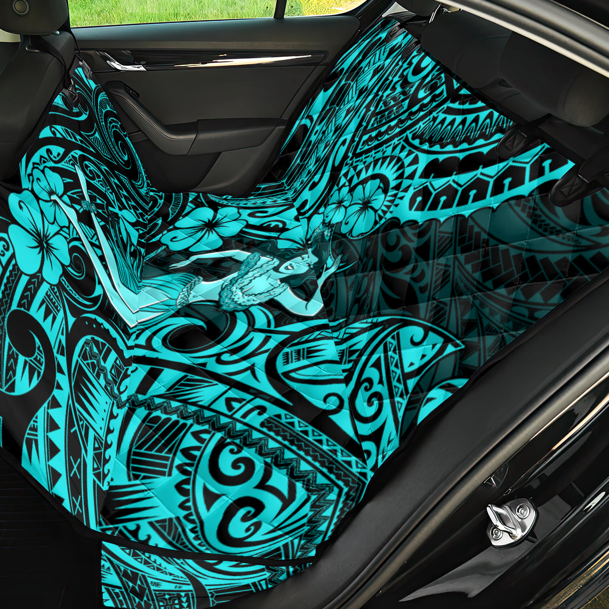 Hawaii Hula Girl Back Car Seat Cover Hibiscus Hawaii Tribal Tattoo Turquoise Version - Wonder Print Shop