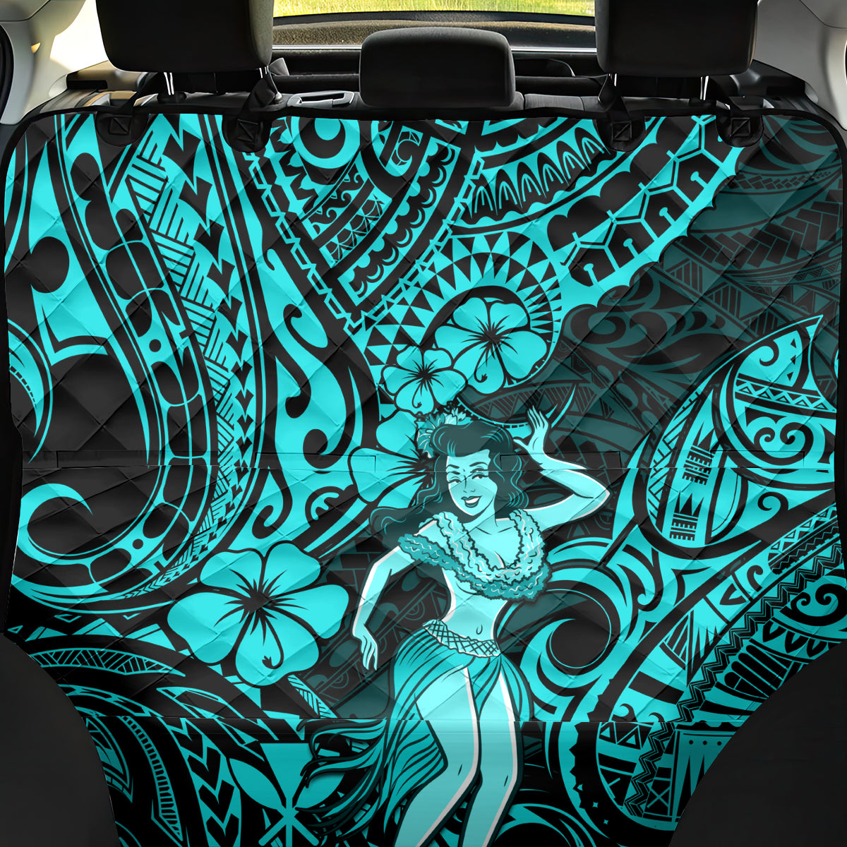 Hawaii Hula Girl Back Car Seat Cover Hibiscus Hawaii Tribal Tattoo Turquoise Version - Wonder Print Shop