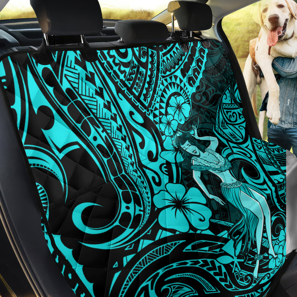 Hawaii Hula Girl Back Car Seat Cover Hibiscus Hawaii Tribal Tattoo Turquoise Version - Wonder Print Shop