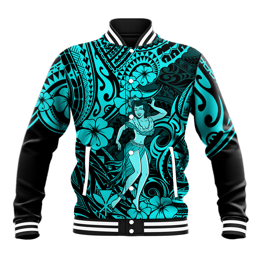 Hawaii Hula Girl Baseball Jacket Hibiscus Hawaii Tribal Tattoo Turquoise Version - Wonder Print Shop