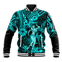Hawaii Hula Girl Baseball Jacket Hibiscus Hawaii Tribal Tattoo Turquoise Version - Wonder Print Shop