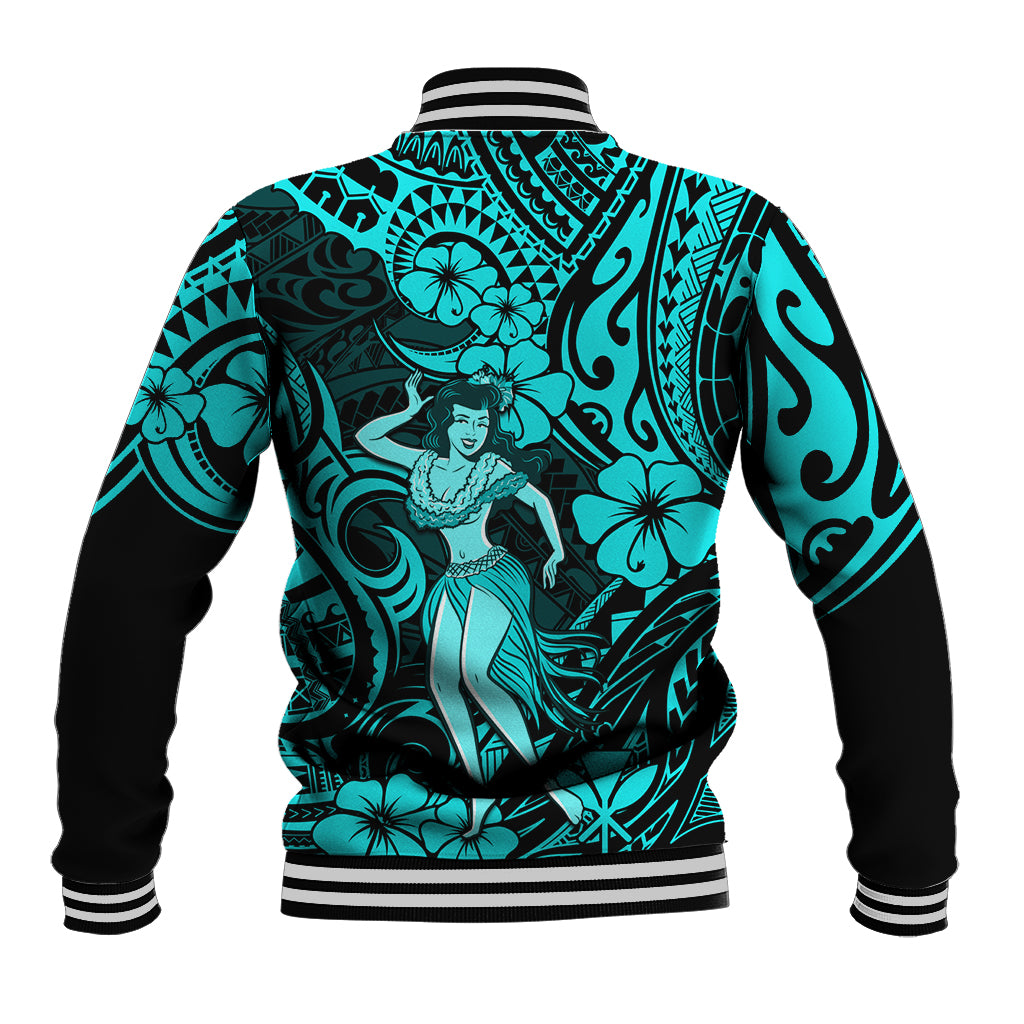 Hawaii Hula Girl Baseball Jacket Hibiscus Hawaii Tribal Tattoo Turquoise Version - Wonder Print Shop