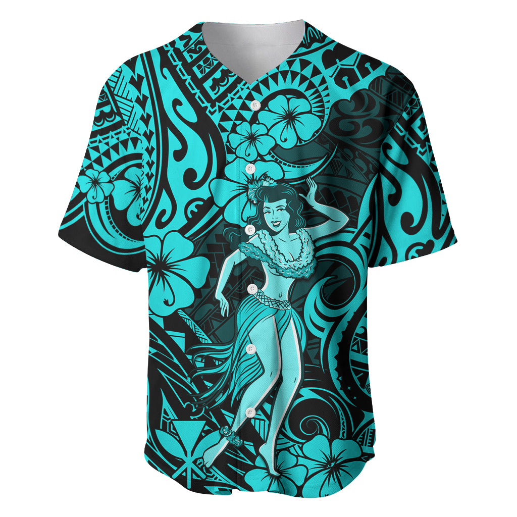 Hawaii Hula Girl Baseball Jersey Hibiscus Hawaii Tribal Tattoo Turquoise Version - Wonder Print Shop