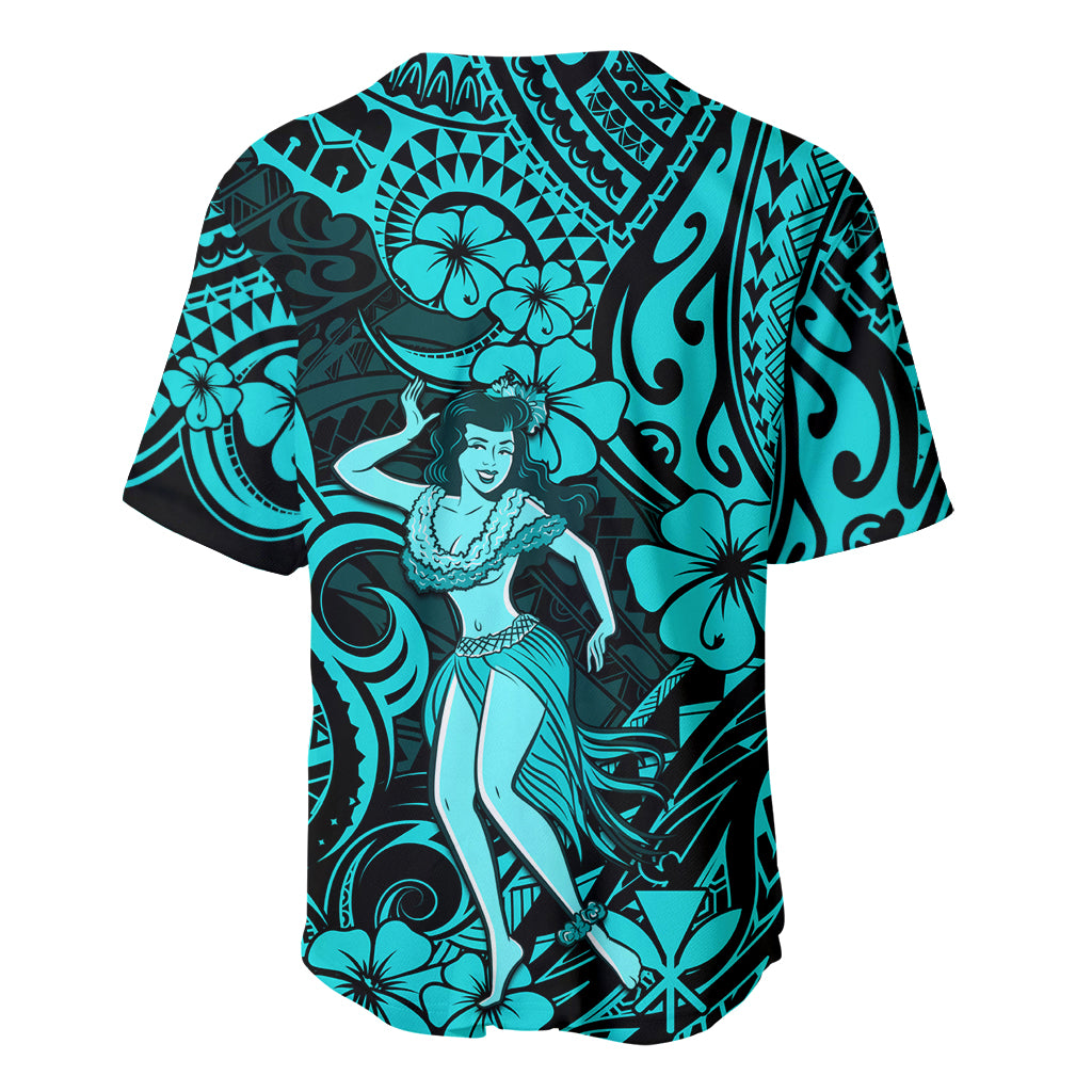Hawaii Hula Girl Baseball Jersey Hibiscus Hawaii Tribal Tattoo Turquoise Version - Wonder Print Shop