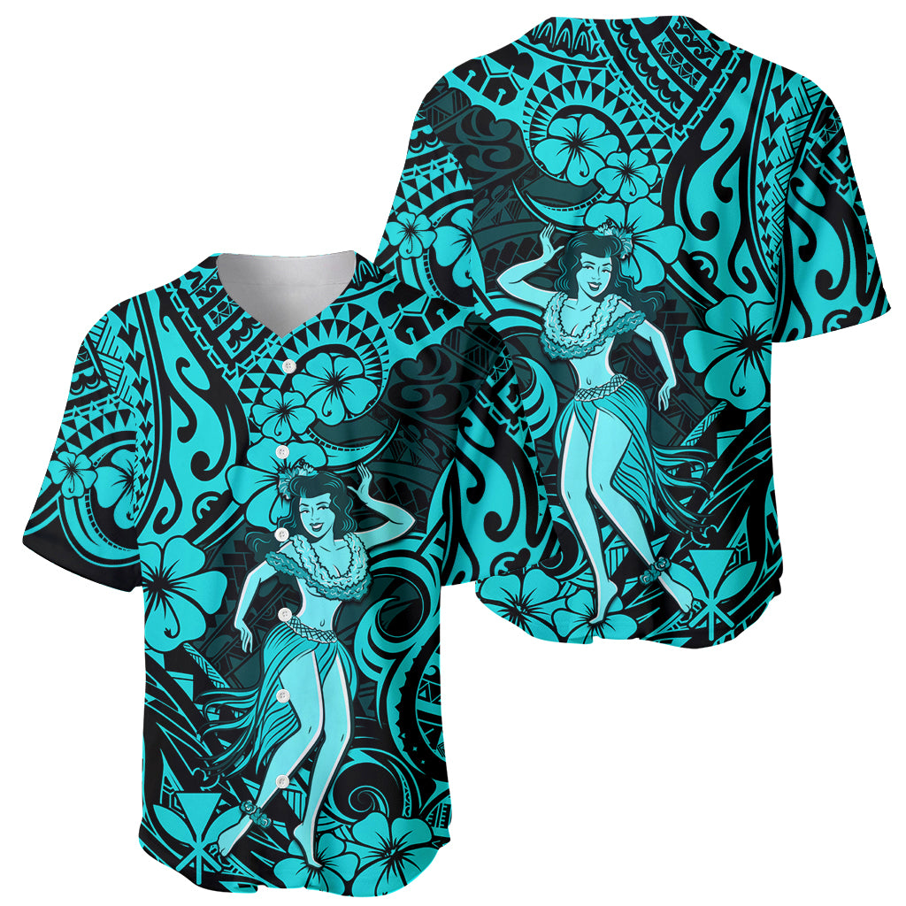 Hawaii Hula Girl Baseball Jersey Hibiscus Hawaii Tribal Tattoo Turquoise Version - Wonder Print Shop