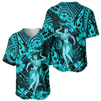 Hawaii Hula Girl Baseball Jersey Hibiscus Hawaii Tribal Tattoo Turquoise Version - Wonder Print Shop
