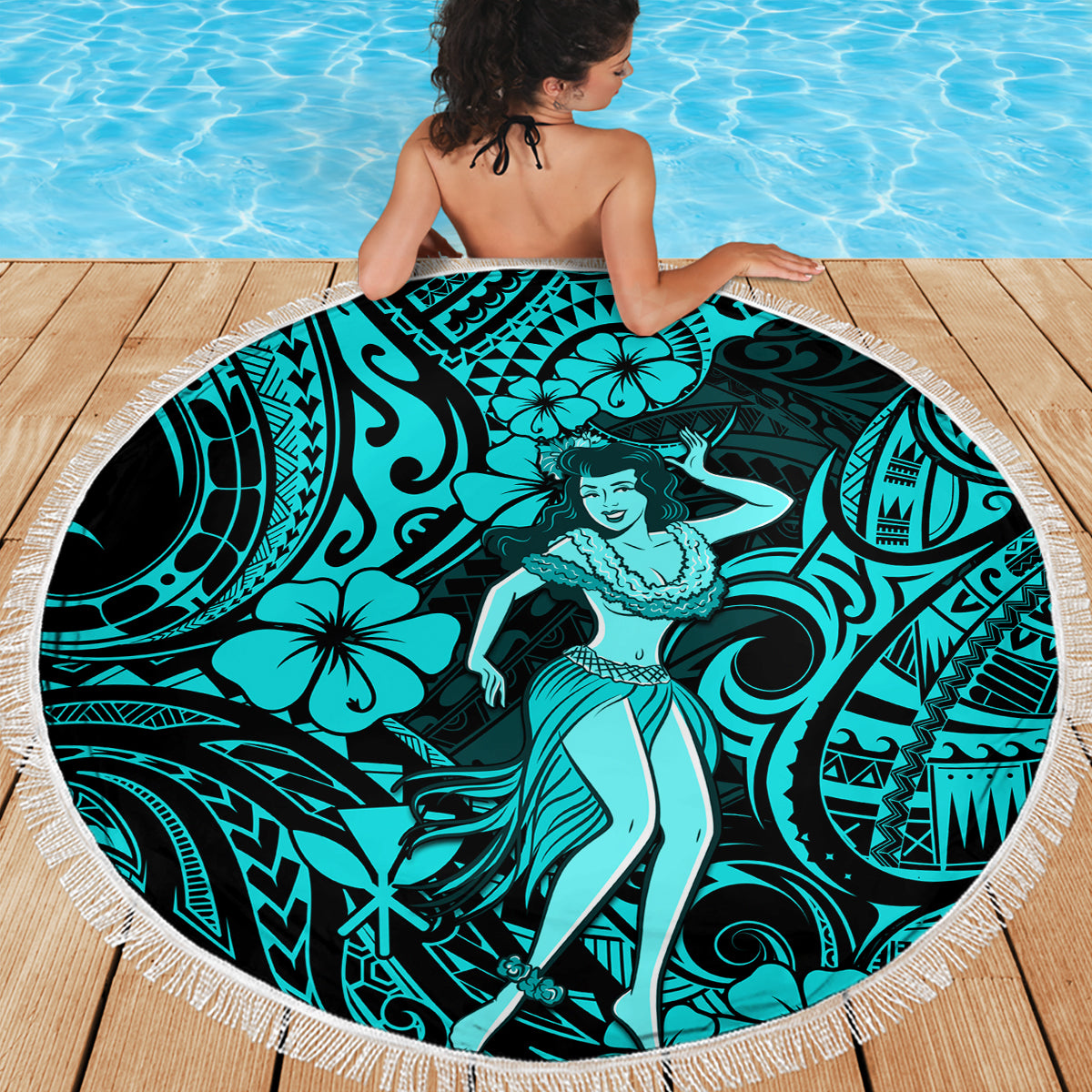 Hawaii Hula Girl Beach Blanket Hibiscus Hawaii Tribal Tattoo Turquoise Version - Wonder Print Shop