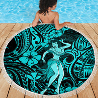 Hawaii Hula Girl Beach Blanket Hibiscus Hawaii Tribal Tattoo Turquoise Version - Wonder Print Shop
