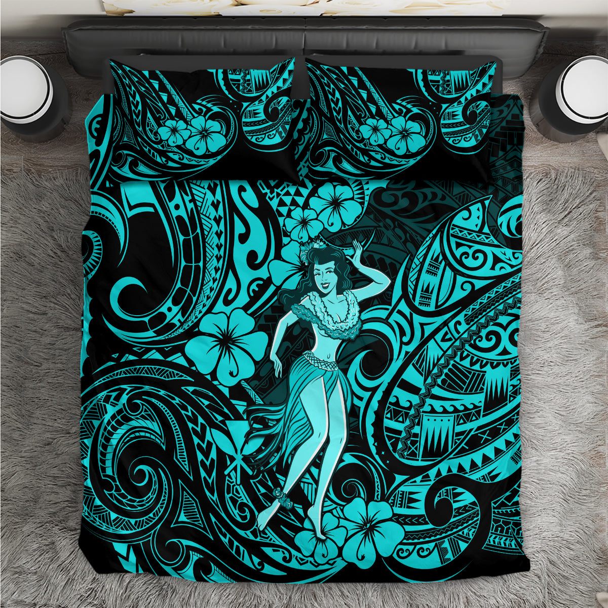Hawaii Hula Girl Bedding Set Hibiscus Hawaii Tribal Tattoo Turquoise Version - Wonder Print Shop