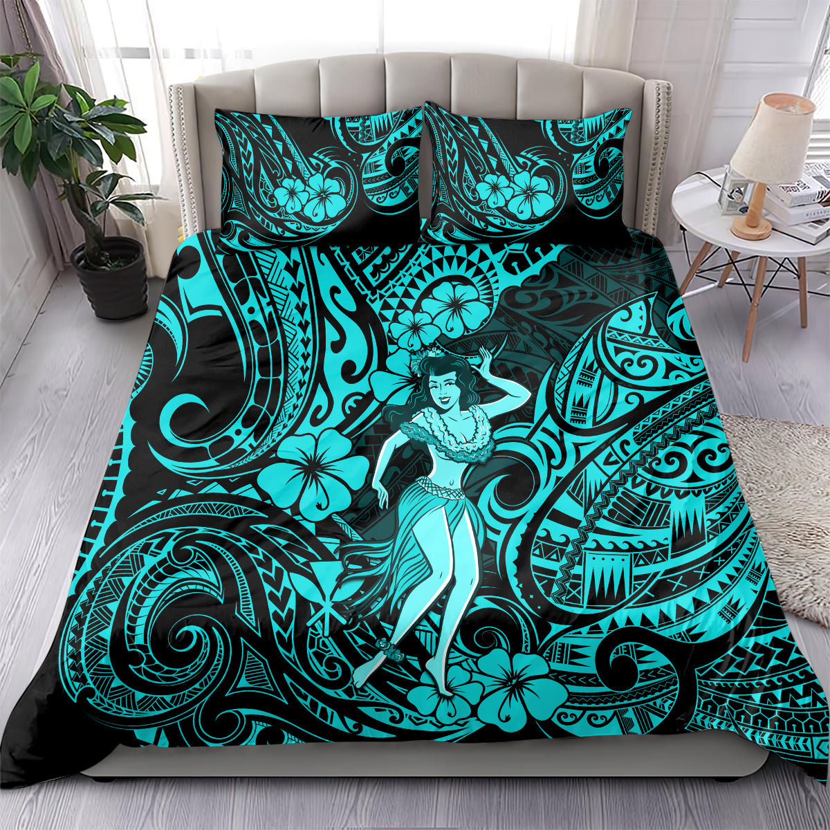 Hawaii Hula Girl Bedding Set Hibiscus Hawaii Tribal Tattoo Turquoise Version - Wonder Print Shop