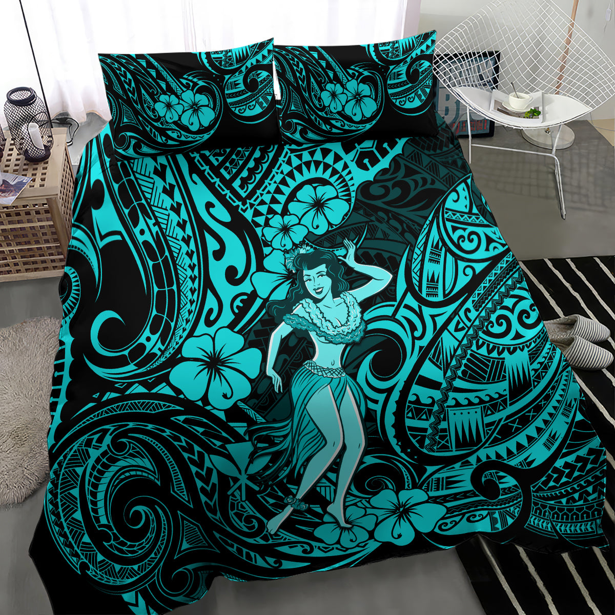 Hawaii Hula Girl Bedding Set Hibiscus Hawaii Tribal Tattoo Turquoise Version - Wonder Print Shop