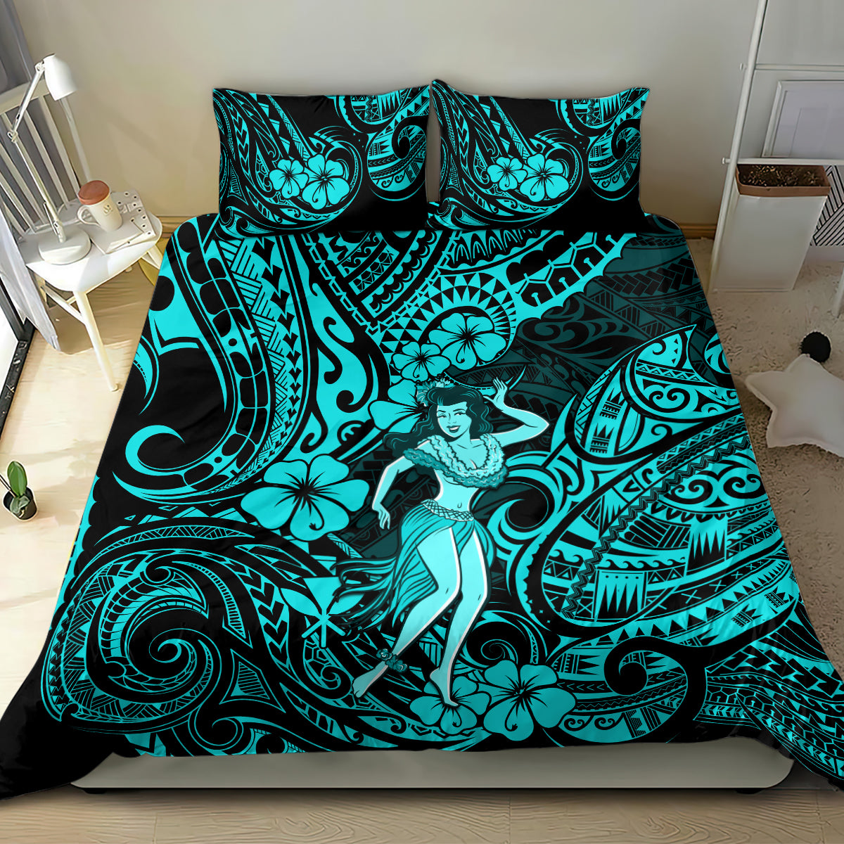 Hawaii Hula Girl Bedding Set Hibiscus Hawaii Tribal Tattoo Turquoise Version - Wonder Print Shop