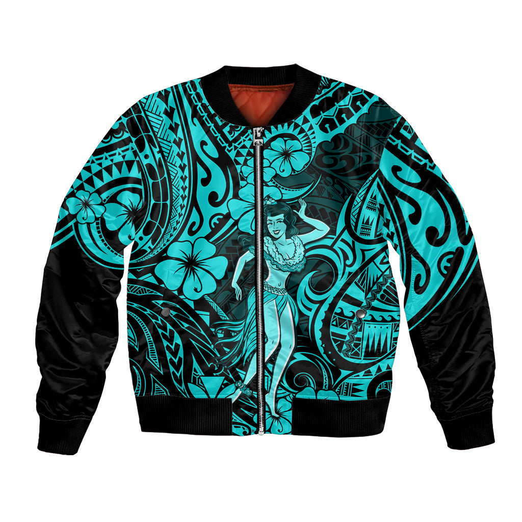 Hawaii Hula Girl Bomber Jacket Hibiscus Hawaii Tribal Tattoo Turquoise Version - Wonder Print Shop