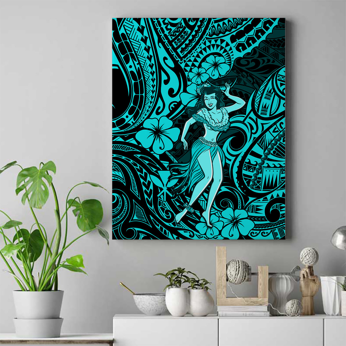 Hawaii Hula Girl Canvas Wall Art Hibiscus Hawaii Tribal Tattoo Turquoise Version - Wonder Print Shop