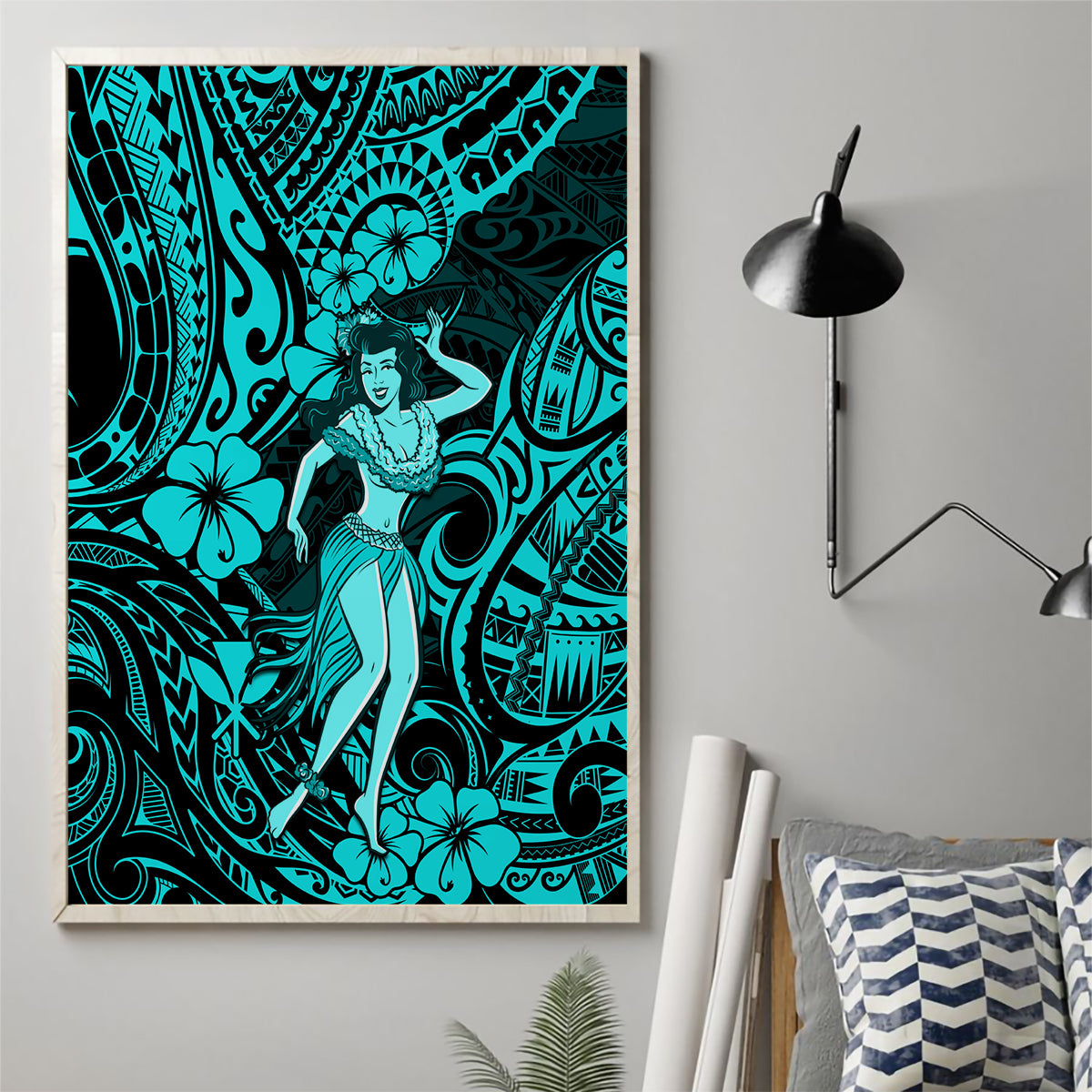 Hawaii Hula Girl Canvas Wall Art Hibiscus Hawaii Tribal Tattoo Turquoise Version - Wonder Print Shop