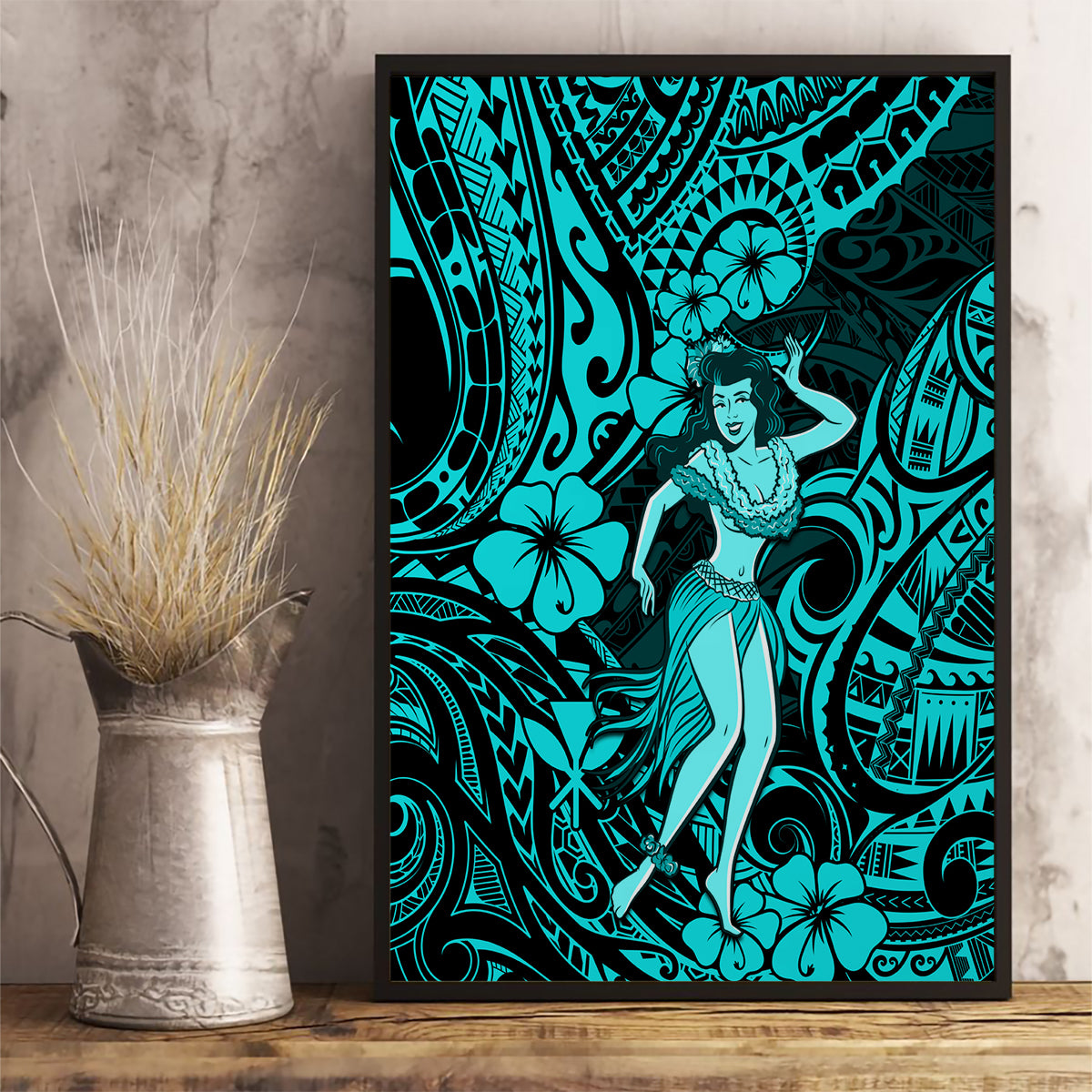 Hawaii Hula Girl Canvas Wall Art Hibiscus Hawaii Tribal Tattoo Turquoise Version - Wonder Print Shop