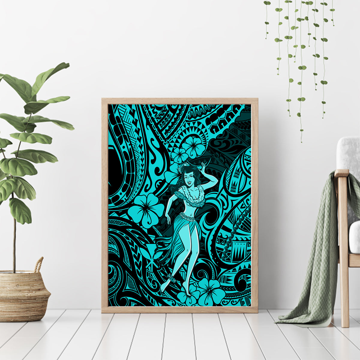 Hawaii Hula Girl Canvas Wall Art Hibiscus Hawaii Tribal Tattoo Turquoise Version - Wonder Print Shop