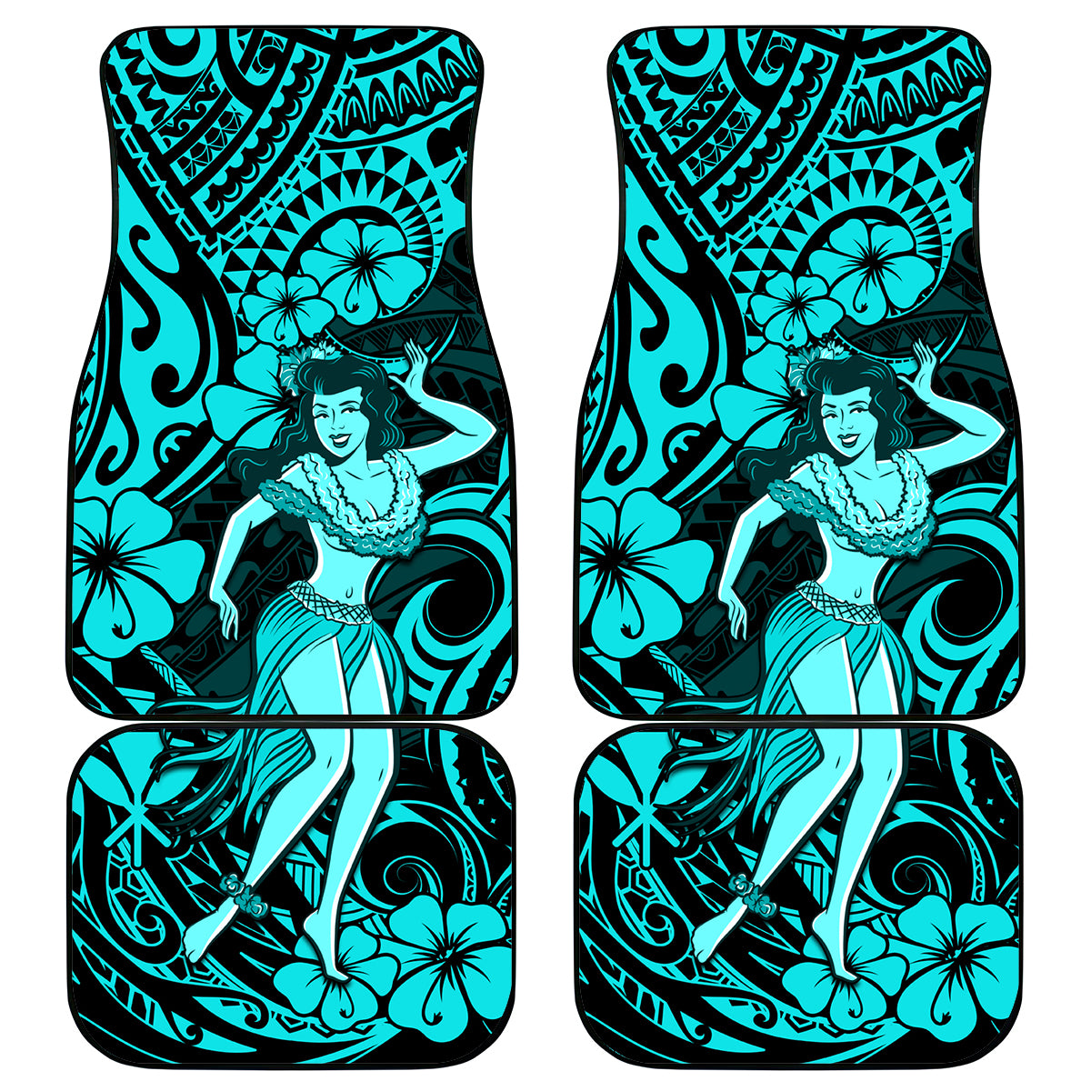 Hawaii Hula Girl Car Mats Hibiscus Hawaii Tribal Tattoo Turquoise Version - Wonder Print Shop