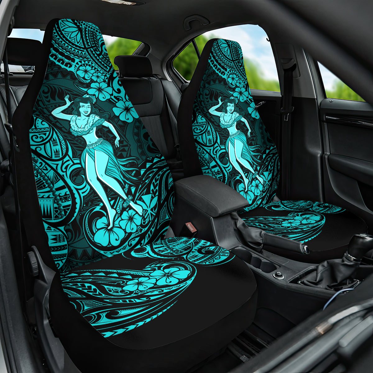 Hawaii Hula Girl Car Seat Cover Hibiscus Hawaii Tribal Tattoo Turquoise Version - Wonder Print Shop