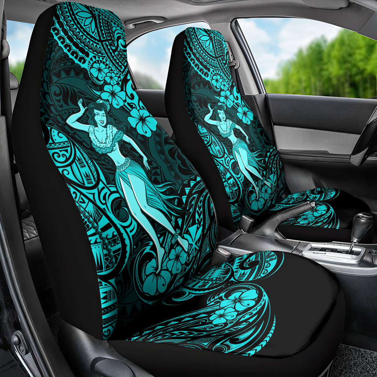 Hawaii Hula Girl Car Seat Cover Hibiscus Hawaii Tribal Tattoo Turquoise Version - Wonder Print Shop