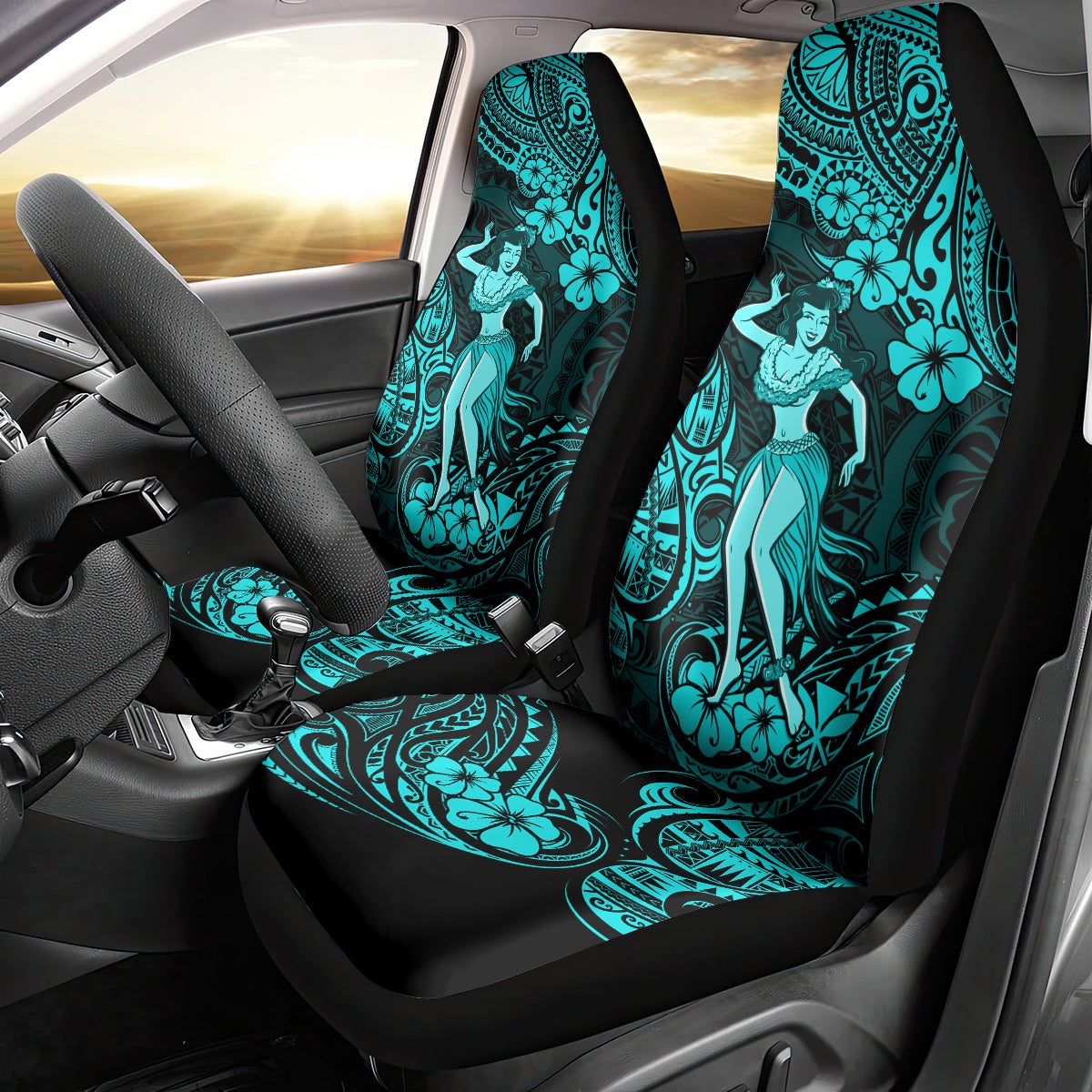 Hawaii Hula Girl Car Seat Cover Hibiscus Hawaii Tribal Tattoo Turquoise Version - Wonder Print Shop