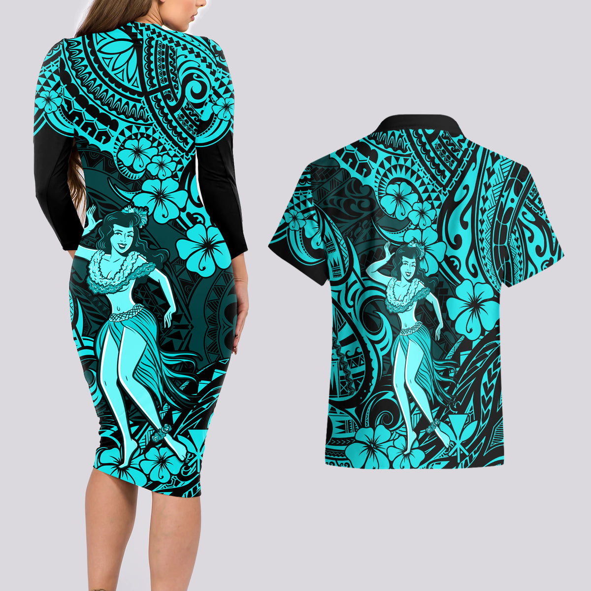 Hawaii Hula Girl Couples Matching Long Sleeve Bodycon Dress and Hawaiian Shirt Hibiscus Hawaii Tribal Tattoo Turquoise Version - Wonder Print Shop