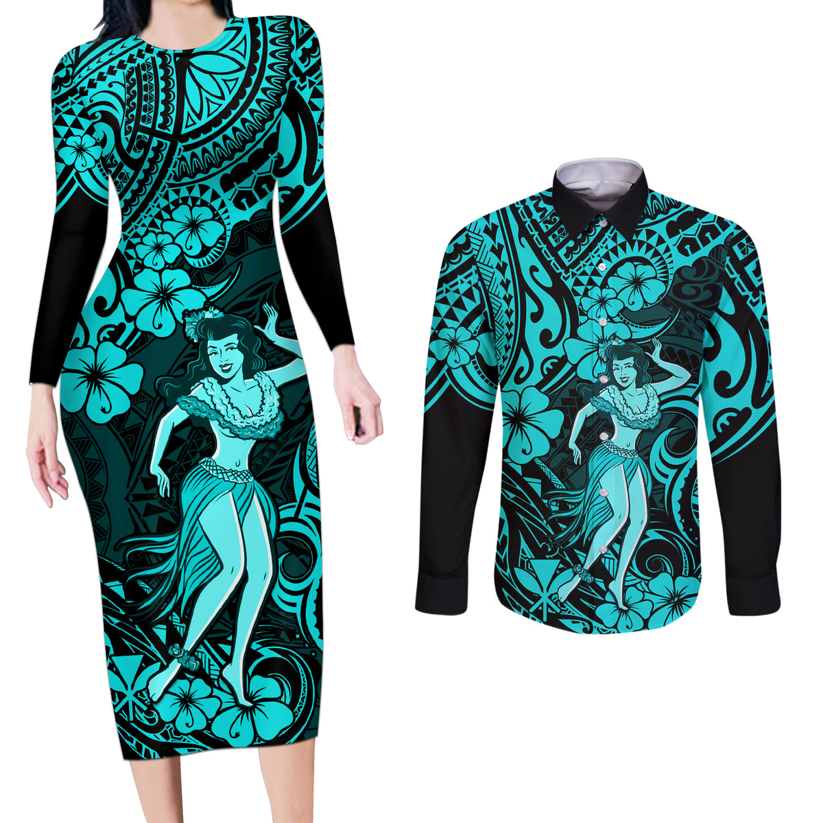 Hawaii Hula Girl Couples Matching Long Sleeve Bodycon Dress and Long Sleeve Button Shirts Hibiscus Hawaii Tribal Tattoo Turquoise Version - Wonder Print Shop