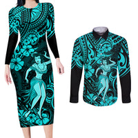 Hawaii Hula Girl Couples Matching Long Sleeve Bodycon Dress and Long Sleeve Button Shirts Hibiscus Hawaii Tribal Tattoo Turquoise Version - Wonder Print Shop