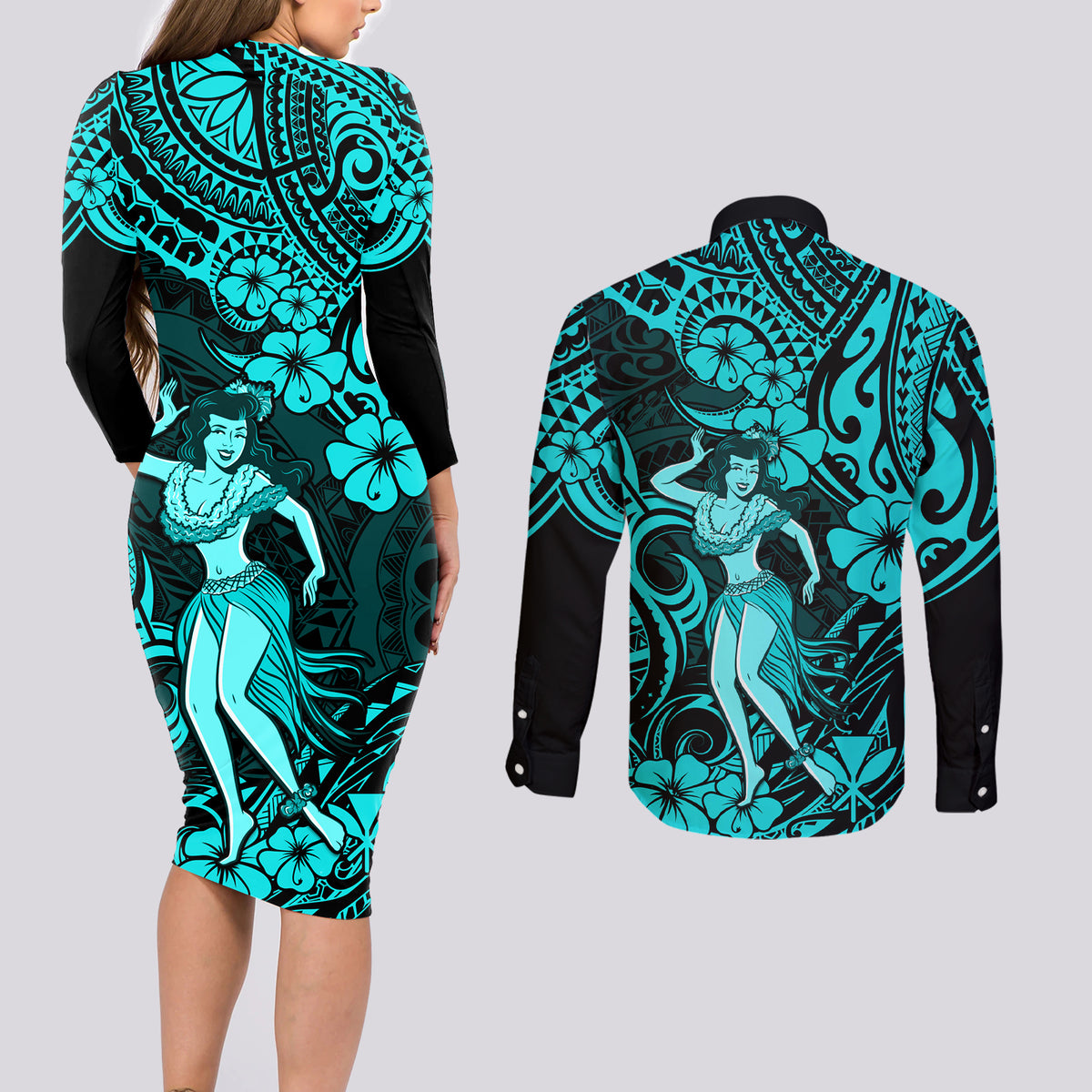 Hawaii Hula Girl Couples Matching Long Sleeve Bodycon Dress and Long Sleeve Button Shirts Hibiscus Hawaii Tribal Tattoo Turquoise Version - Wonder Print Shop
