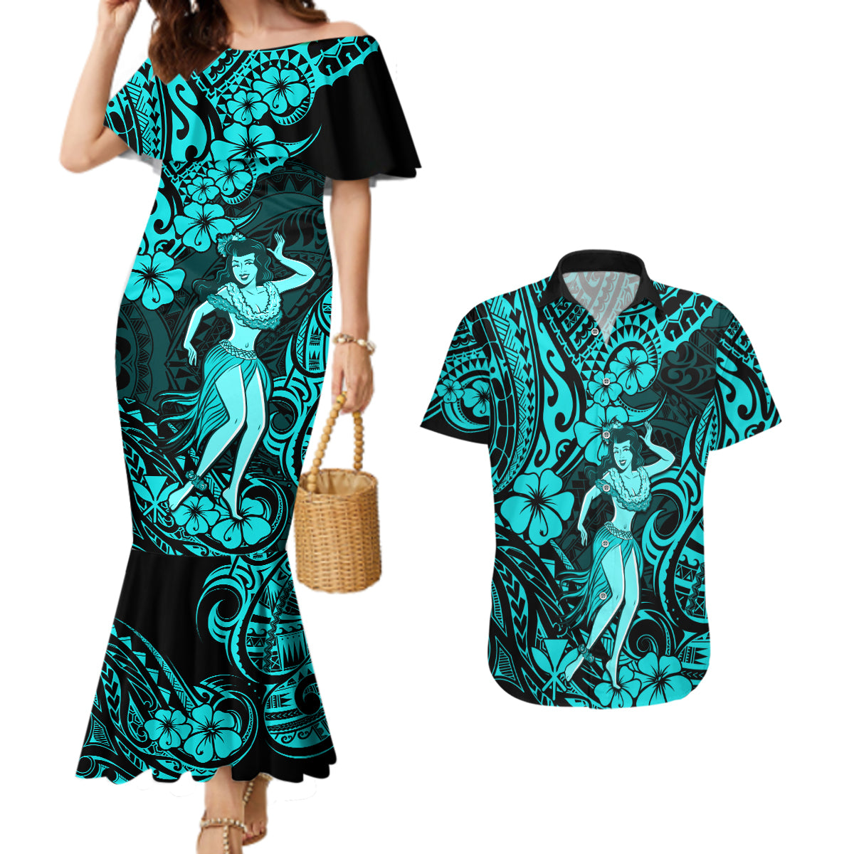 Hawaii Hula Girl Couples Matching Mermaid Dress and Hawaiian Shirt Hibiscus Hawaii Tribal Tattoo Turquoise Version - Wonder Print Shop
