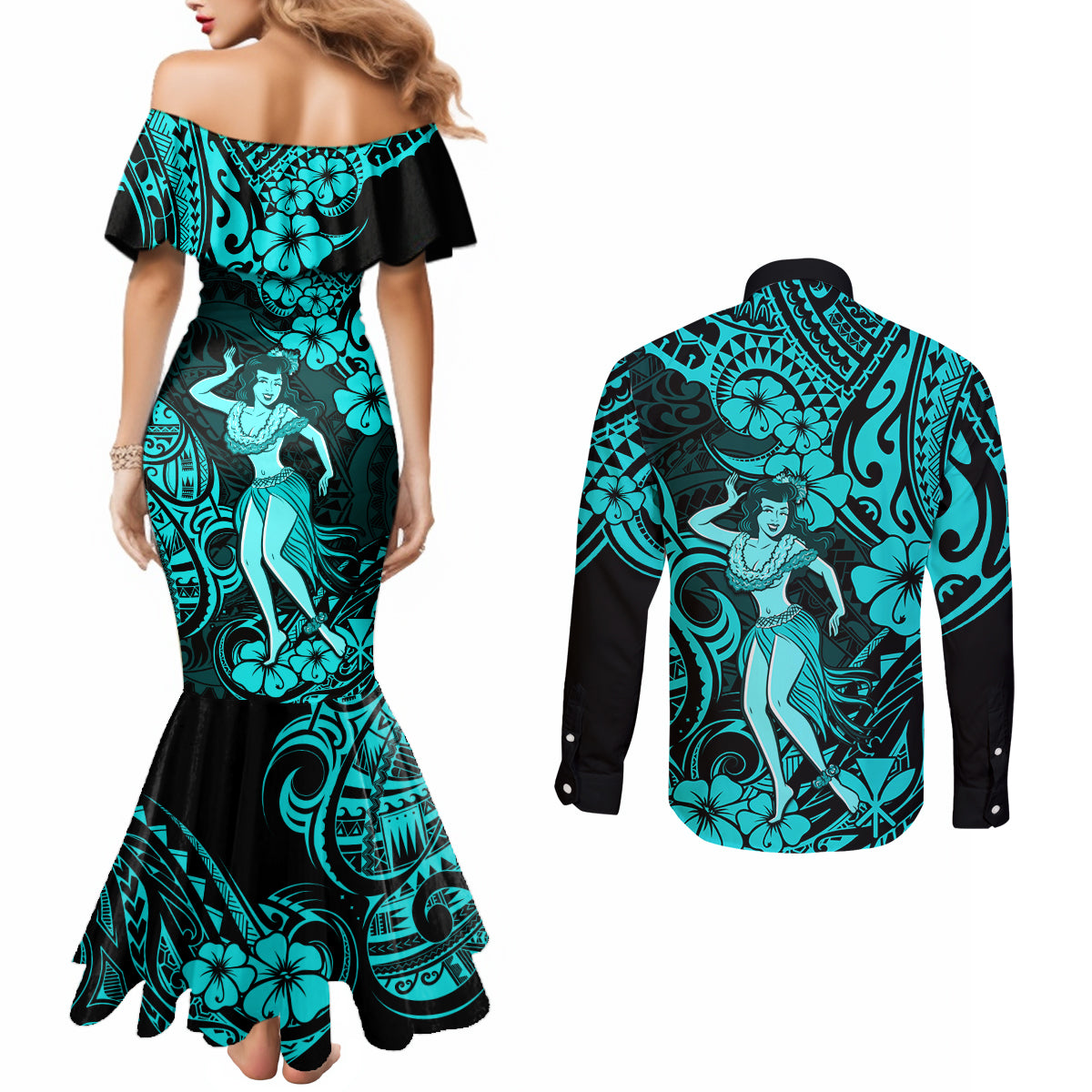 hawaii-hula-girl-couples-matching-mermaid-dress-and-long-sleeve-button-shirts-hibiscus-hawaii-tribal-tattoo-turquoise-version