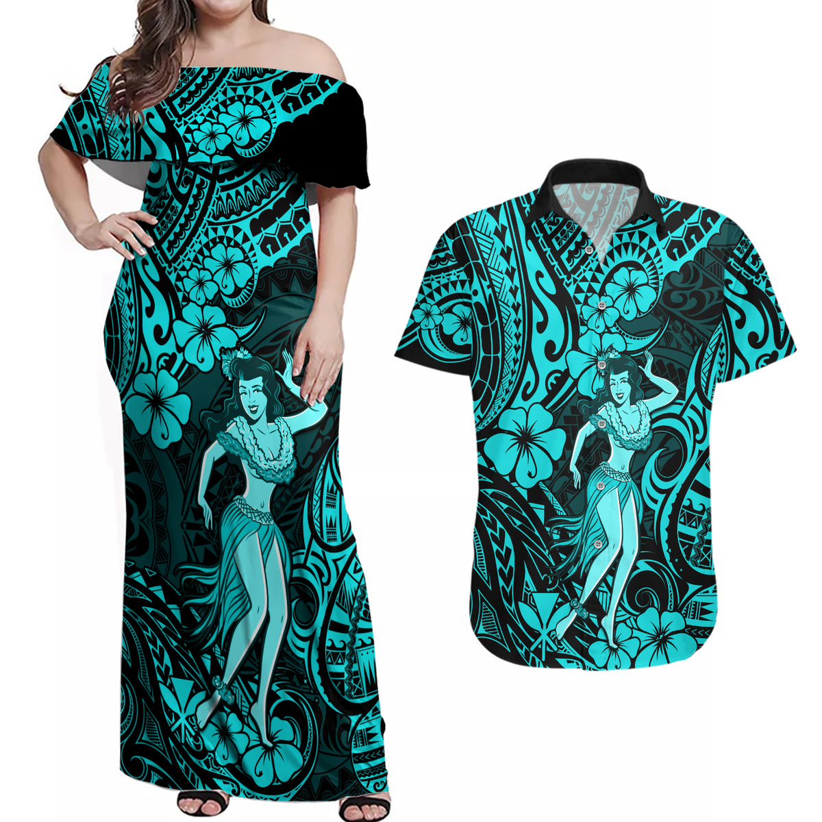 Hawaii Hula Girl Couples Matching Off Shoulder Maxi Dress and Hawaiian Shirt Hibiscus Hawaii Tribal Tattoo Turquoise Version - Wonder Print Shop