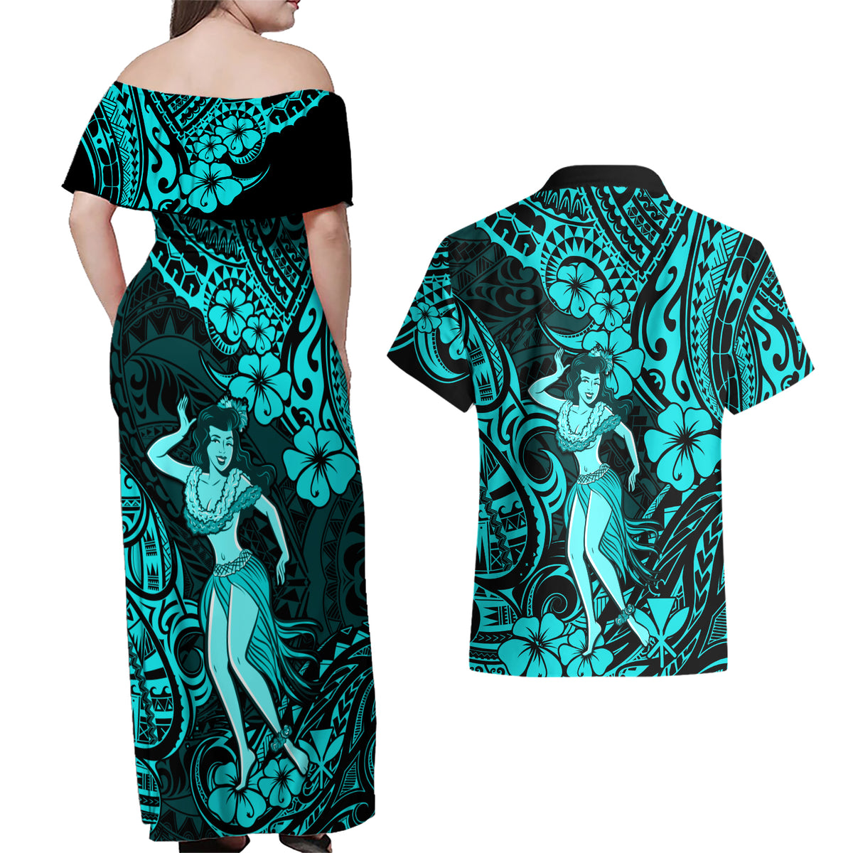 Hawaii Hula Girl Couples Matching Off Shoulder Maxi Dress and Hawaiian Shirt Hibiscus Hawaii Tribal Tattoo Turquoise Version - Wonder Print Shop