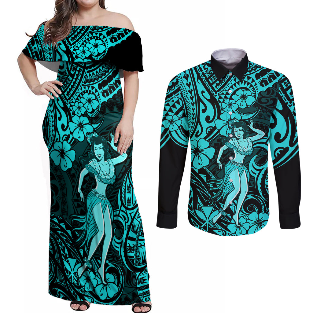 Hawaii Hula Girl Couples Matching Off Shoulder Maxi Dress and Long Sleeve Button Shirts Hibiscus Hawaii Tribal Tattoo Turquoise Version - Wonder Print Shop
