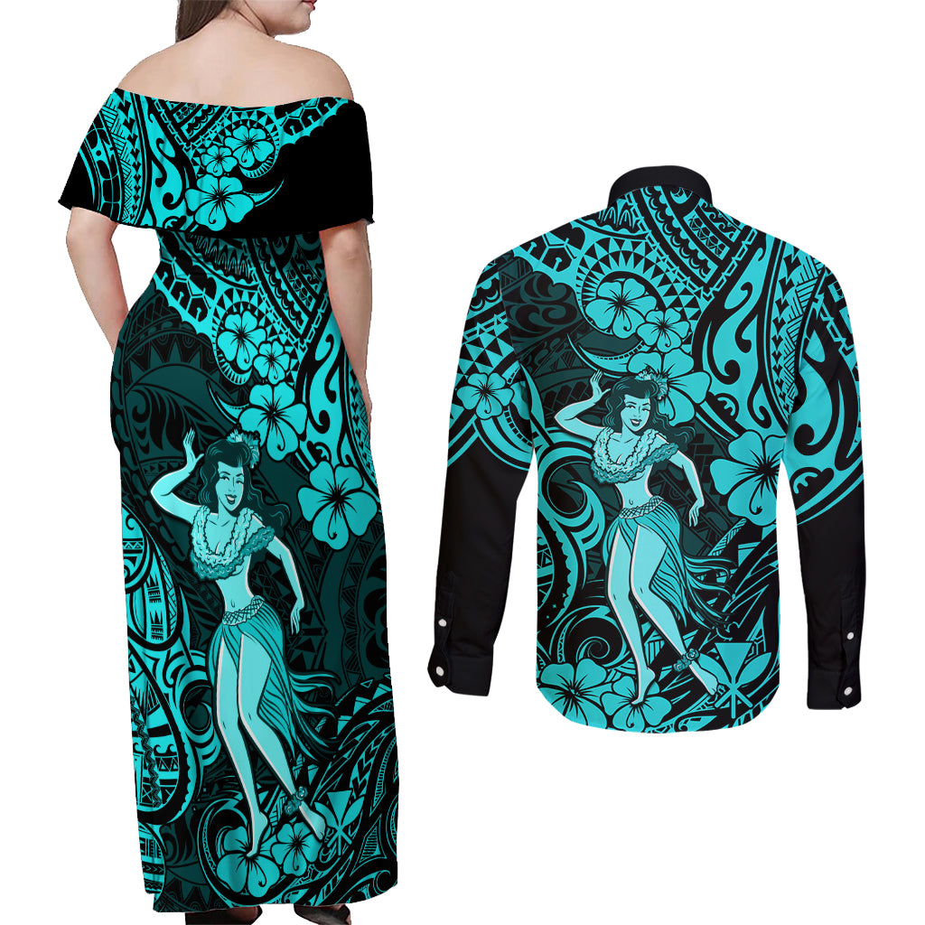 Hawaii Hula Girl Couples Matching Off Shoulder Maxi Dress and Long Sleeve Button Shirts Hibiscus Hawaii Tribal Tattoo Turquoise Version - Wonder Print Shop