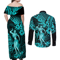 Hawaii Hula Girl Couples Matching Off Shoulder Maxi Dress and Long Sleeve Button Shirts Hibiscus Hawaii Tribal Tattoo Turquoise Version - Wonder Print Shop