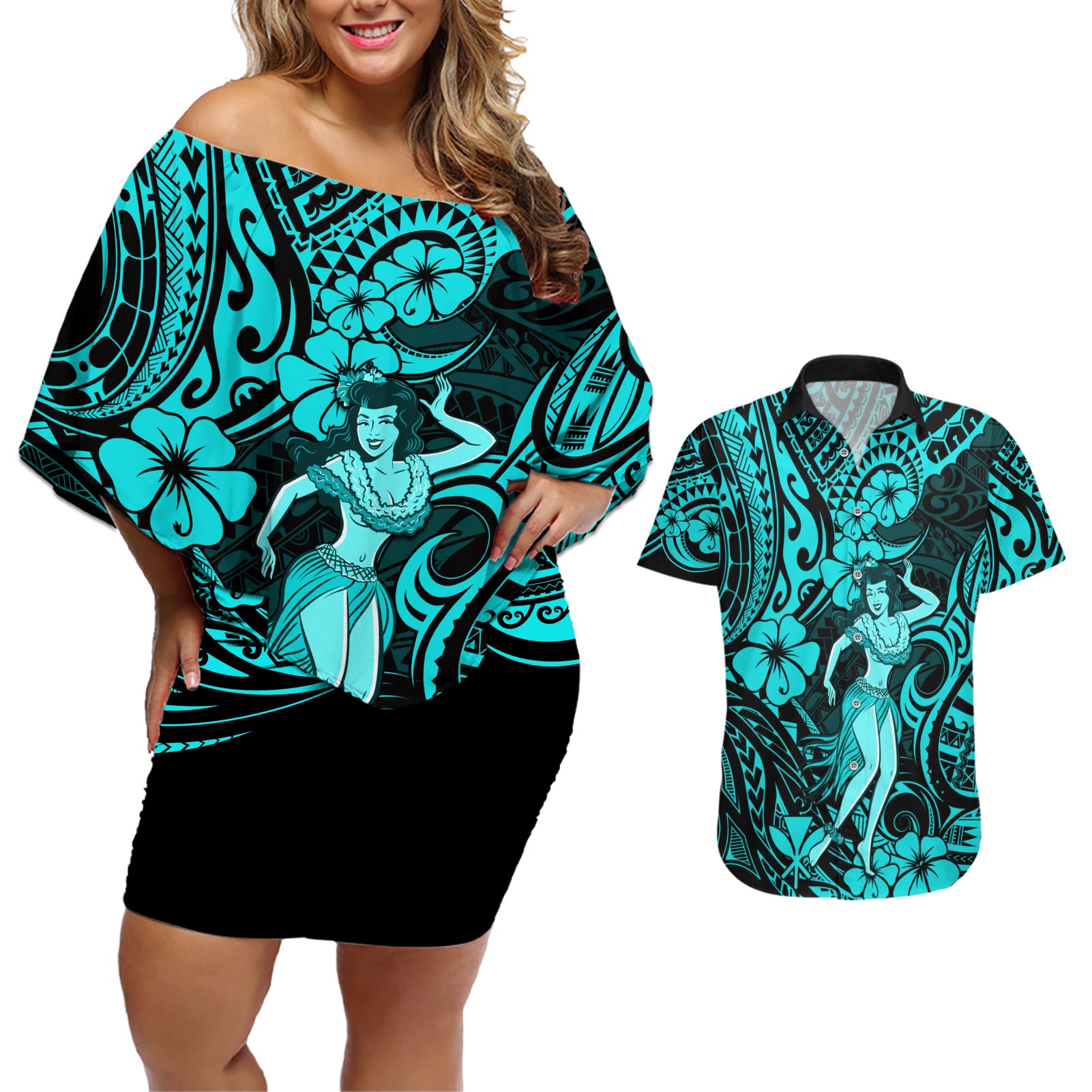 Hawaii Hula Girl Couples Matching Off Shoulder Short Dress and Hawaiian Shirt Hibiscus Hawaii Tribal Tattoo Turquoise Version - Wonder Print Shop