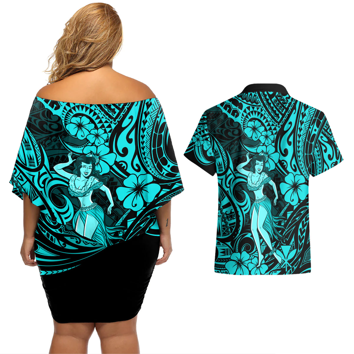 Hawaii Hula Girl Couples Matching Off Shoulder Short Dress and Hawaiian Shirt Hibiscus Hawaii Tribal Tattoo Turquoise Version - Wonder Print Shop