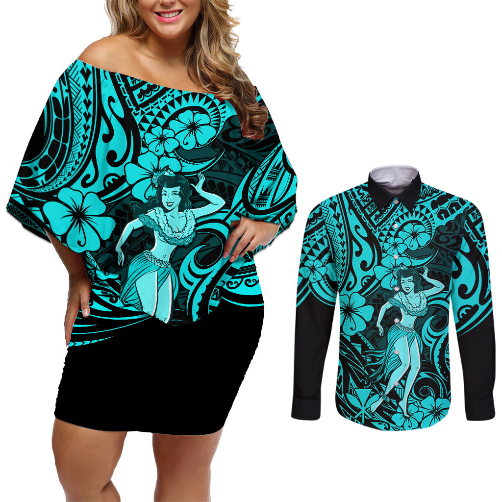 Hawaii Hula Girl Couples Matching Off Shoulder Short Dress and Long Sleeve Button Shirts Hibiscus Hawaii Tribal Tattoo Turquoise Version - Wonder Print Shop