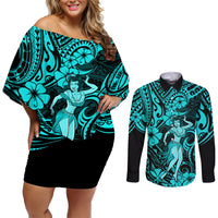 Hawaii Hula Girl Couples Matching Off Shoulder Short Dress and Long Sleeve Button Shirts Hibiscus Hawaii Tribal Tattoo Turquoise Version - Wonder Print Shop
