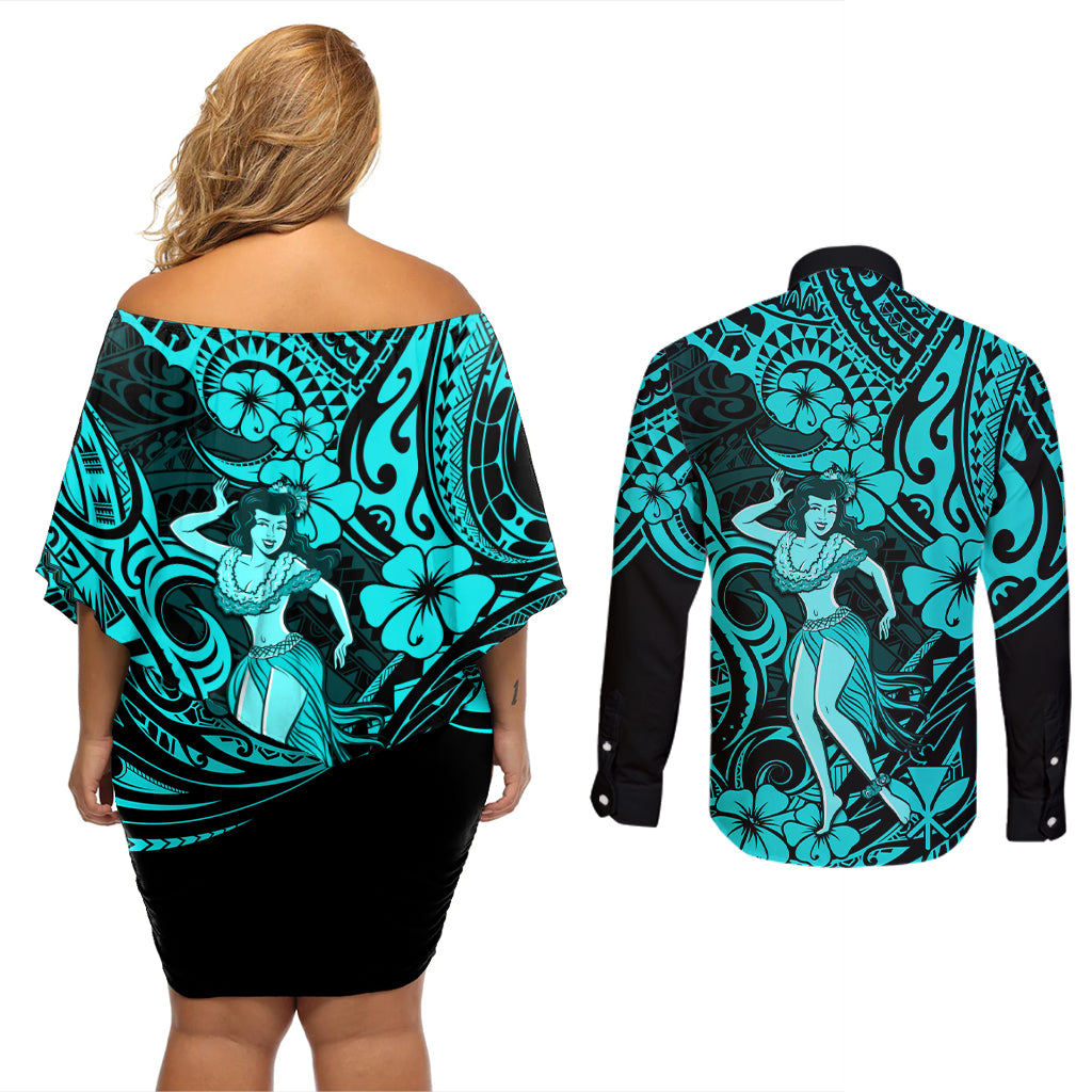 Hawaii Hula Girl Couples Matching Off Shoulder Short Dress and Long Sleeve Button Shirts Hibiscus Hawaii Tribal Tattoo Turquoise Version - Wonder Print Shop