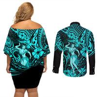 Hawaii Hula Girl Couples Matching Off Shoulder Short Dress and Long Sleeve Button Shirts Hibiscus Hawaii Tribal Tattoo Turquoise Version - Wonder Print Shop